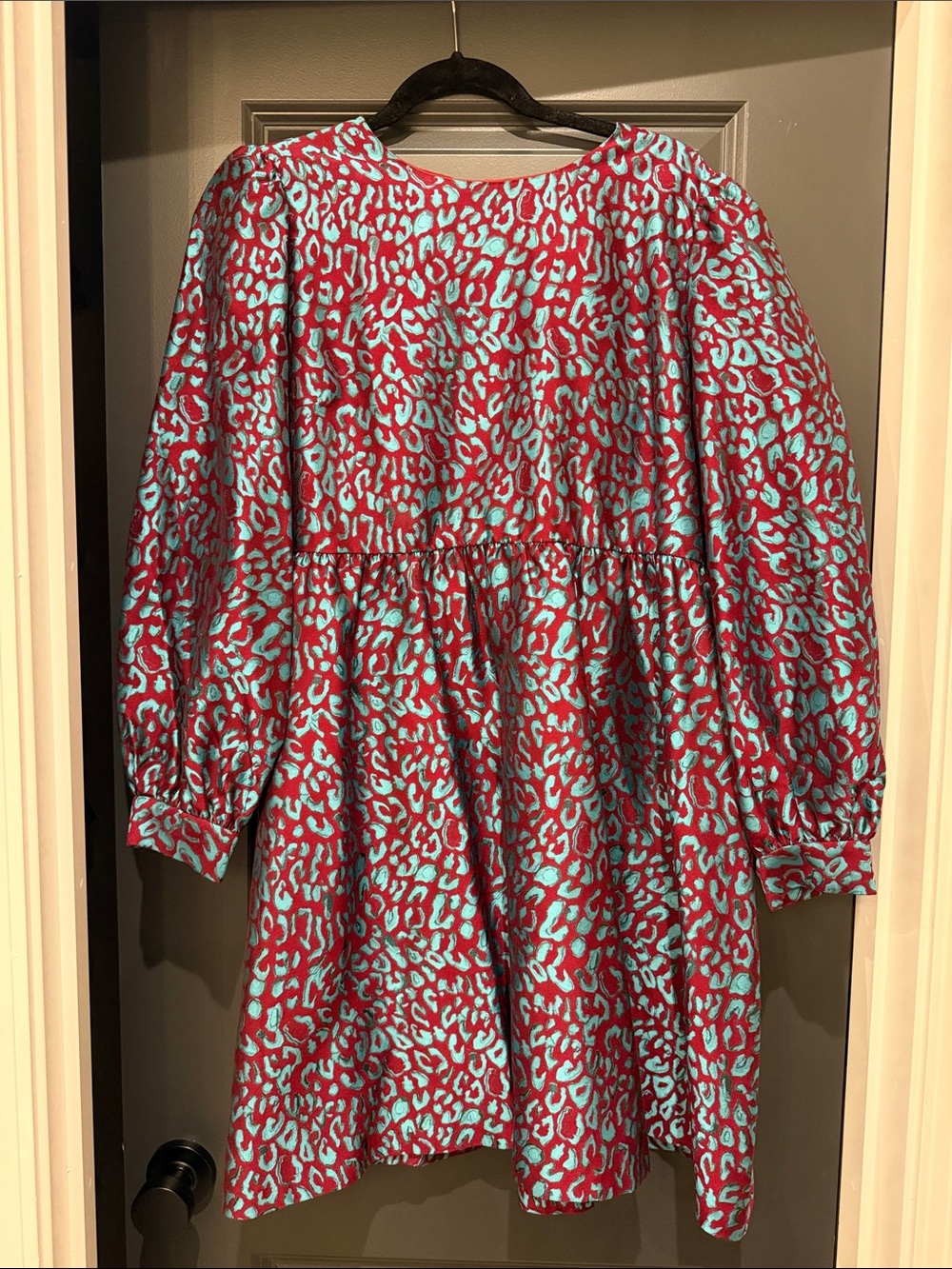 Halogen Women’s Red and Aqua Leopard Print Long-Sleeve Dress